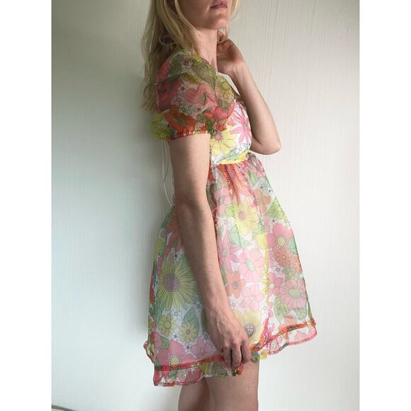 NISSA NEW YORK Sheer Floral Puff Sleeve Babydoll Dress US SMALL - Picture 4 of 14